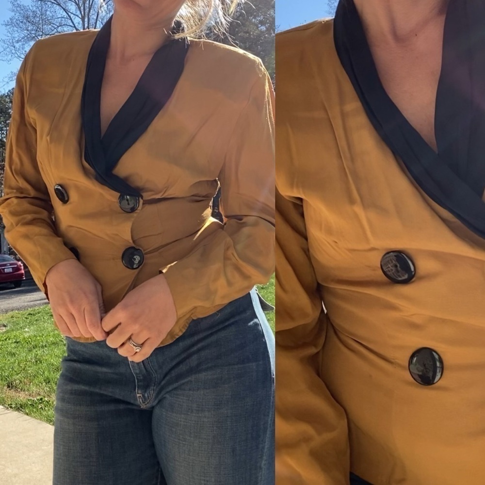 Vintage 80s Jonathan Martin marigold gold black button up long sleeve blouse